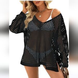 Black Crochet Cover Up or Blouse. XL